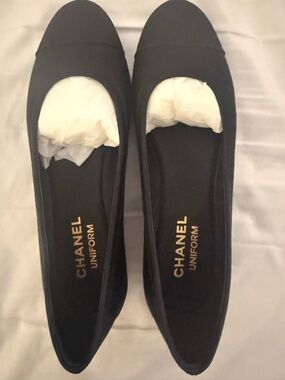 CHANEL Black Uniform Ballet Flats with Gold Insole Logo